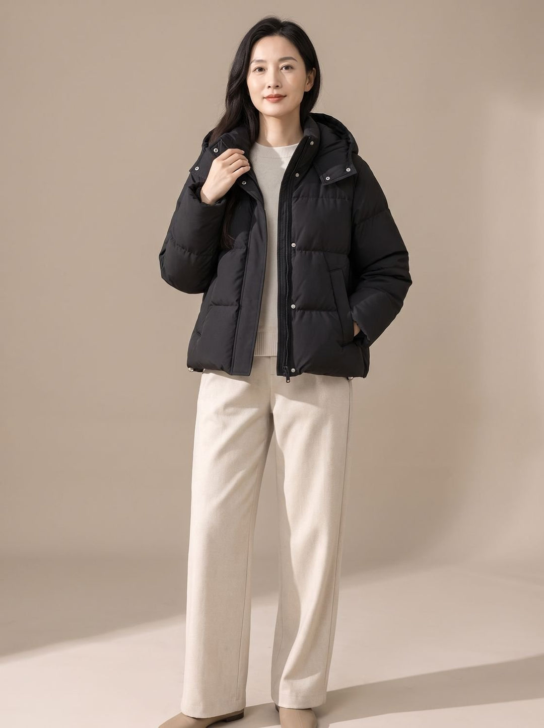 Damen Gesteppte Kapuzen-Pufferjacke Locker Warm Winterjacke - Klassisches Schwarz