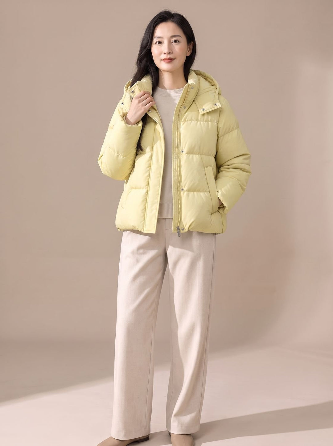 Damen Gesteppte Kapuzen-Pufferjacke Locker Warm Winterjacke - Cremiges Gelb