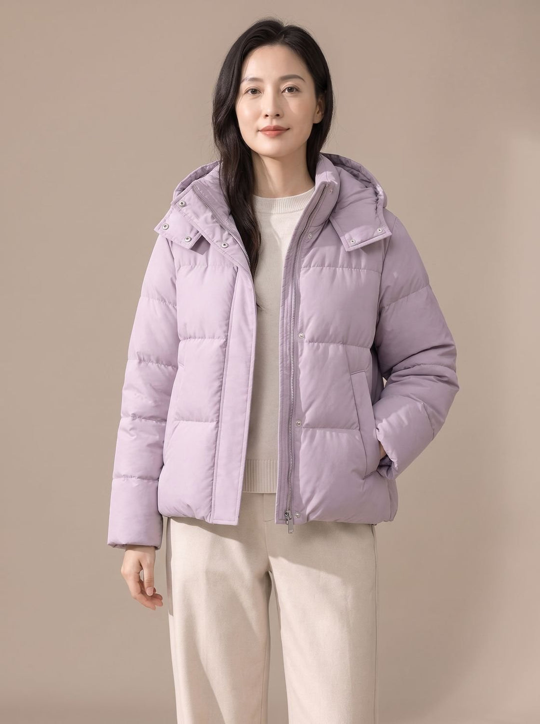 Damen Gesteppte Kapuzen-Pufferjacke Locker Warm Winterjacke - Morgennebel Lila