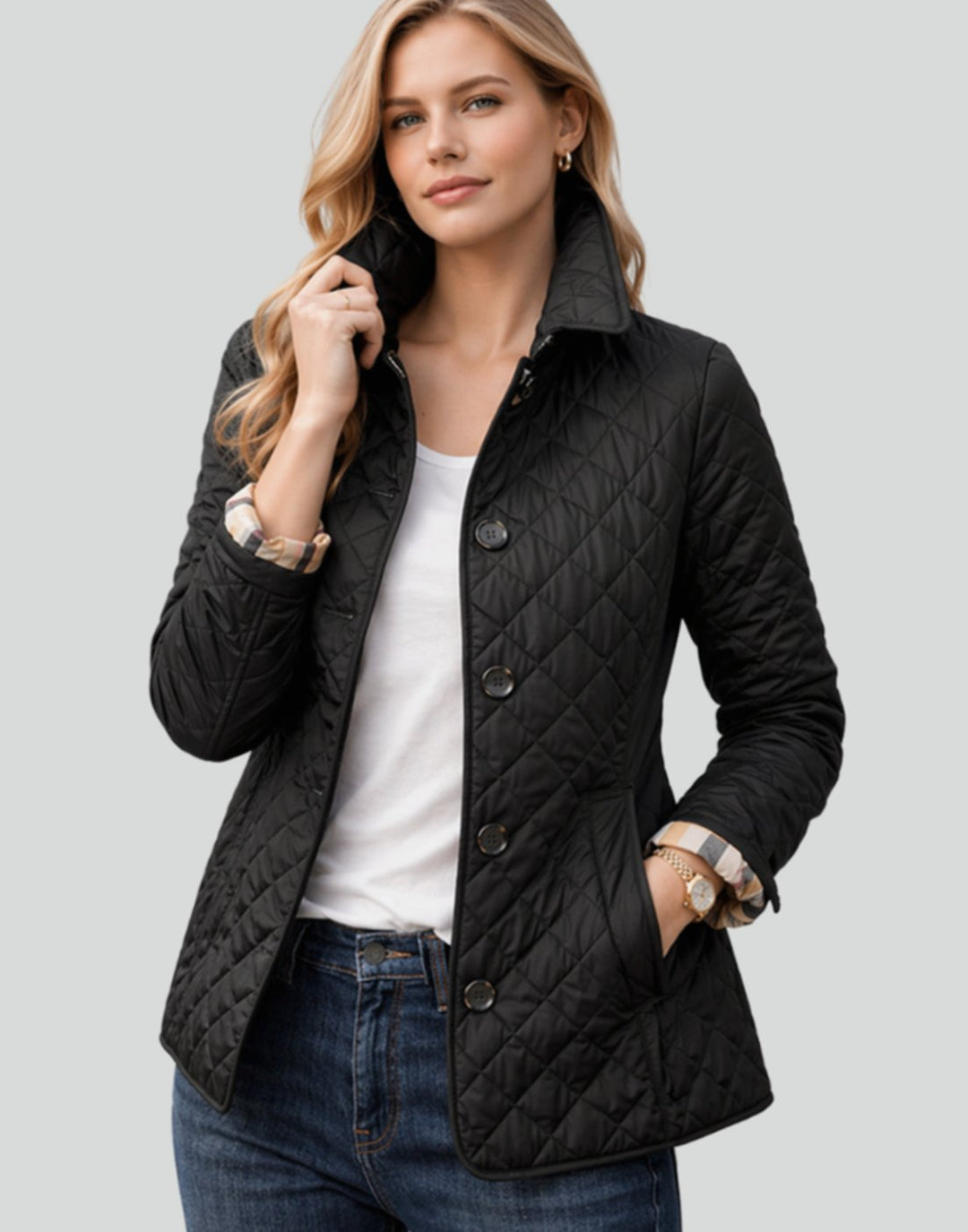 Damen Gesteppte Kragen-Jacke mit Knopfleiste für die Übergangszeit - Schwarz