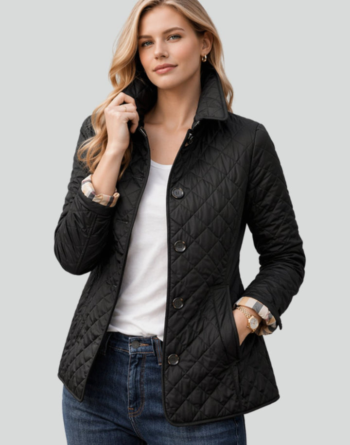 Damen Gesteppte Kragen-Jacke mit Knopfleiste für die Übergangszeit - Schwarz