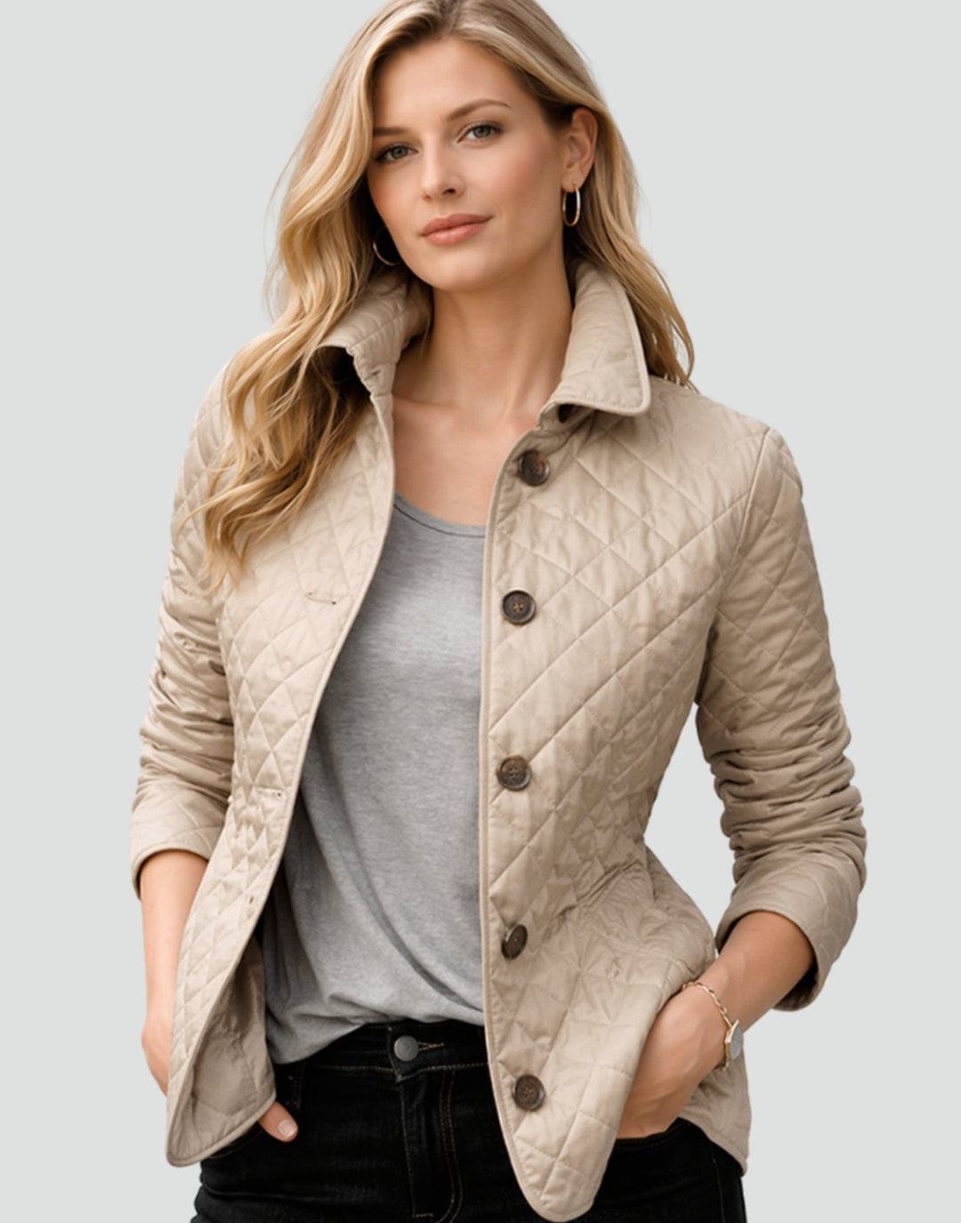 Damen Gesteppte Kragen-Jacke mit Knopfleiste für die Übergangszeit - Braun