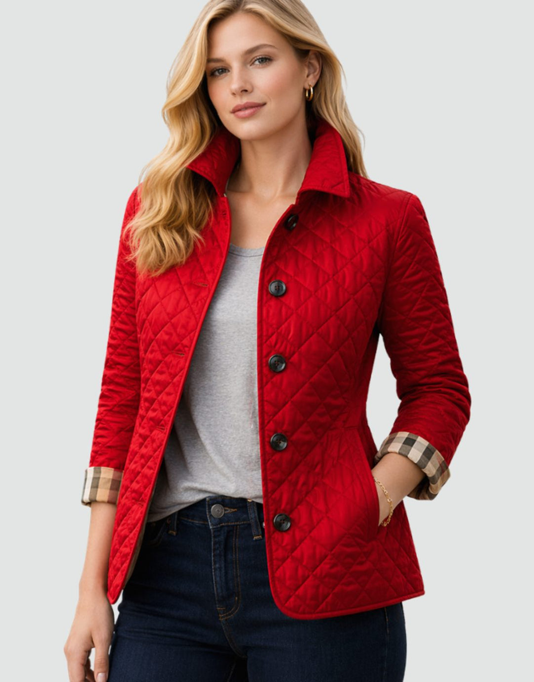Damen Gesteppte Kragen-Jacke mit Knopfleiste für die Übergangszeit - Rot