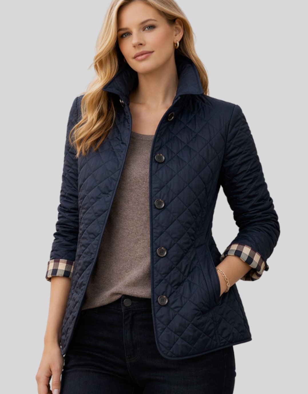 Damen Gesteppte Kragen-Jacke mit Knopfleiste für die Übergangszeit - Blau