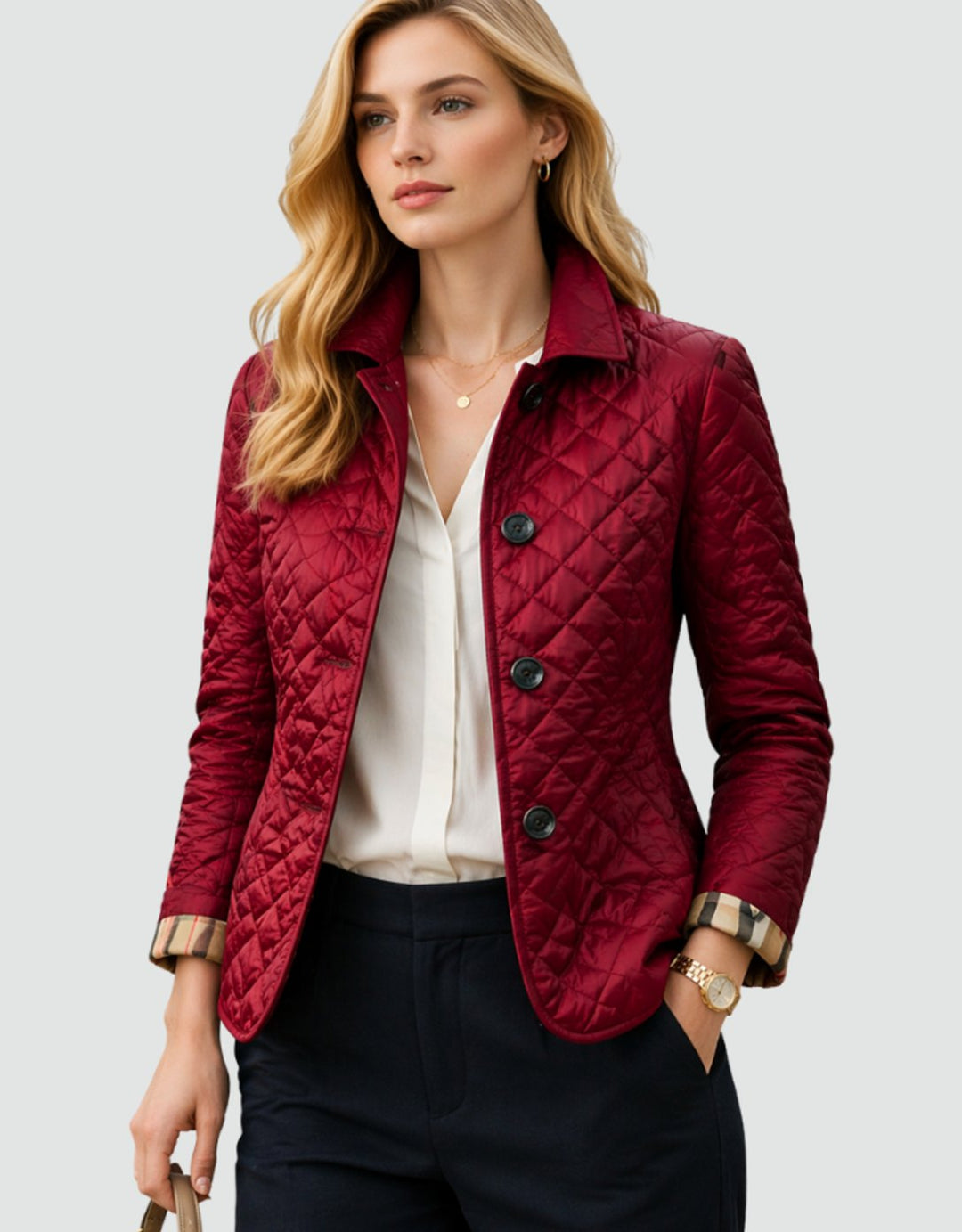 Damen Gesteppte Kragen-Jacke mit Knopfleiste für die Übergangszeit - Dunkelrot