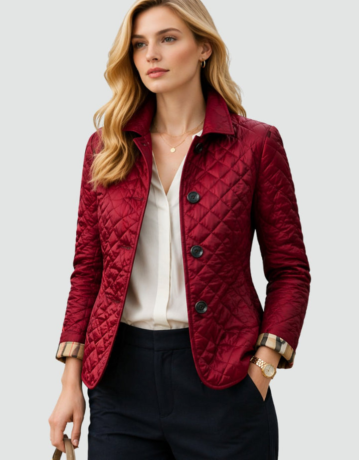 Damen Gesteppte Kragen-Jacke mit Knopfleiste für die Übergangszeit - Dunkelrot