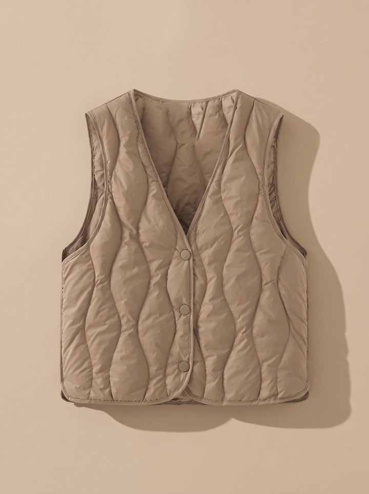 Damen Gesteppter Bodywarmer mit V-Ausschnitt Druckknopf-Thermoweste - Khaki