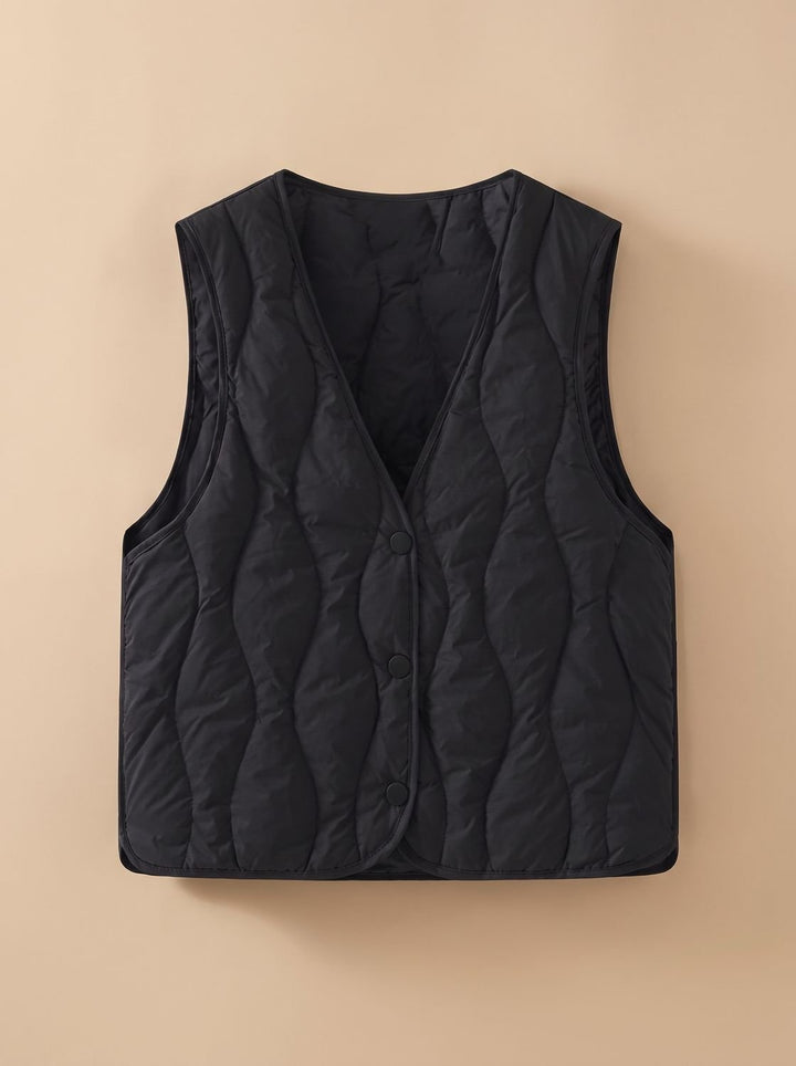 Damen Gesteppter Bodywarmer mit V-Ausschnitt Druckknopf-Thermoweste - Schwarz