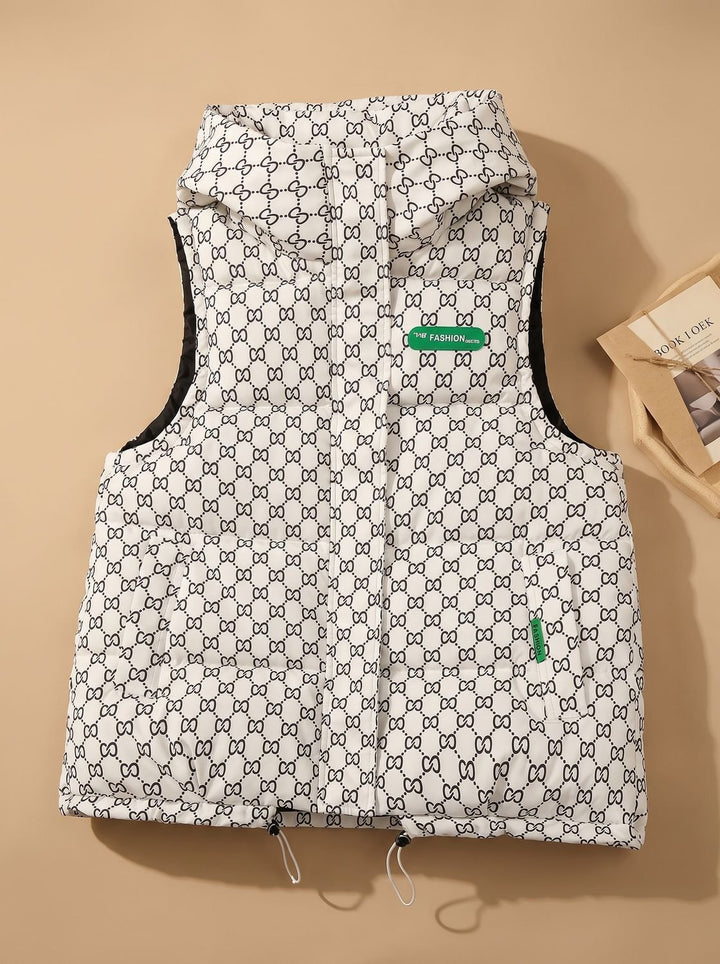 Damen Gesteppter Kapuzen-Bodywarmer mit Allover-Print - Weiß