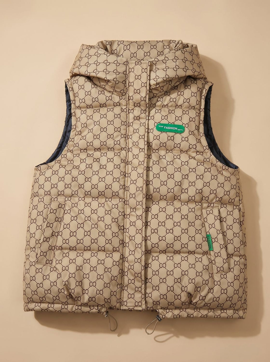 Damen Gesteppter Kapuzen-Bodywarmer mit Allover-Print - Khaki