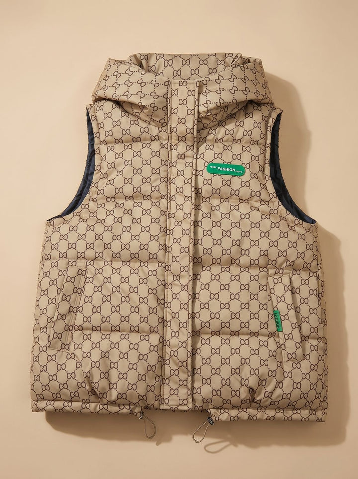 Damen Gesteppter Kapuzen-Bodywarmer mit Allover-Print - Khaki