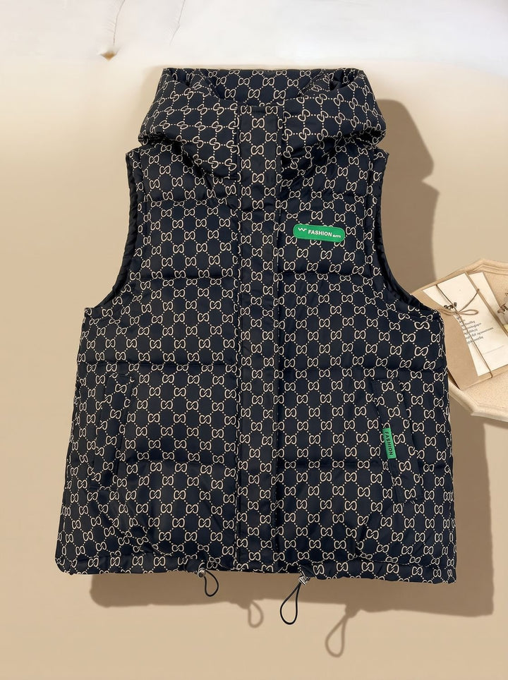 Damen Gesteppter Kapuzen-Bodywarmer mit Allover-Print - Schwarz
