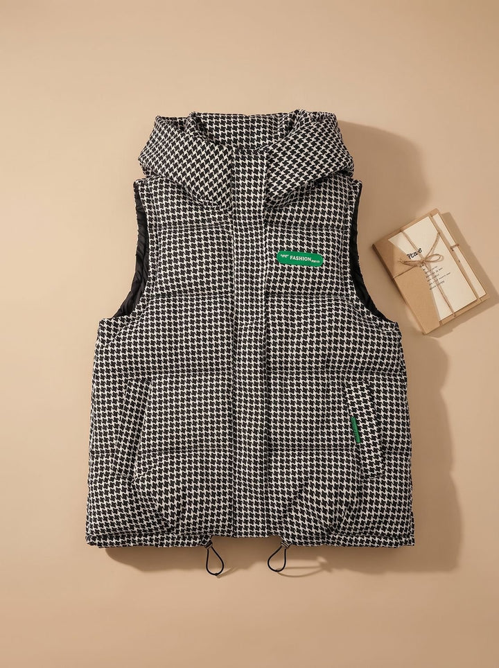 Damen Gesteppter Kapuzen-Bodywarmer mit Allover-Print - Hahnentritt