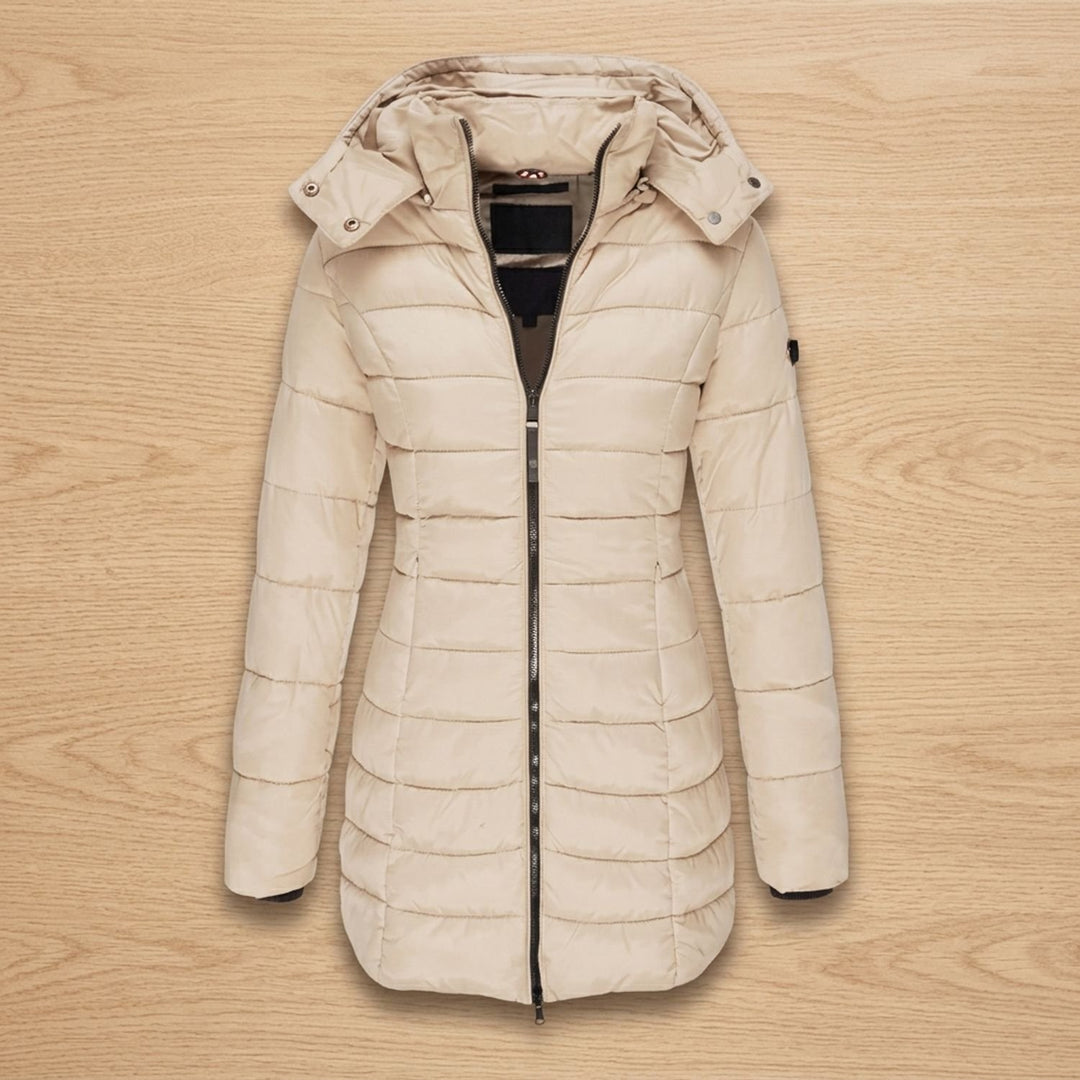 Damen Gesteppter Wintermantel Mittellang mit Abnehmbarer Kapuze - Beige