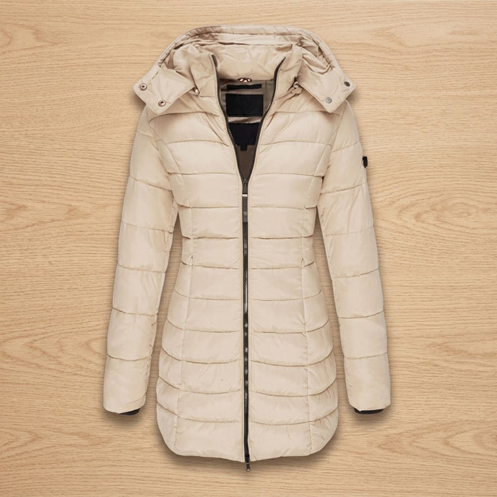 Damen Gesteppter Wintermantel Mittellang mit Abnehmbarer Kapuze - Beige