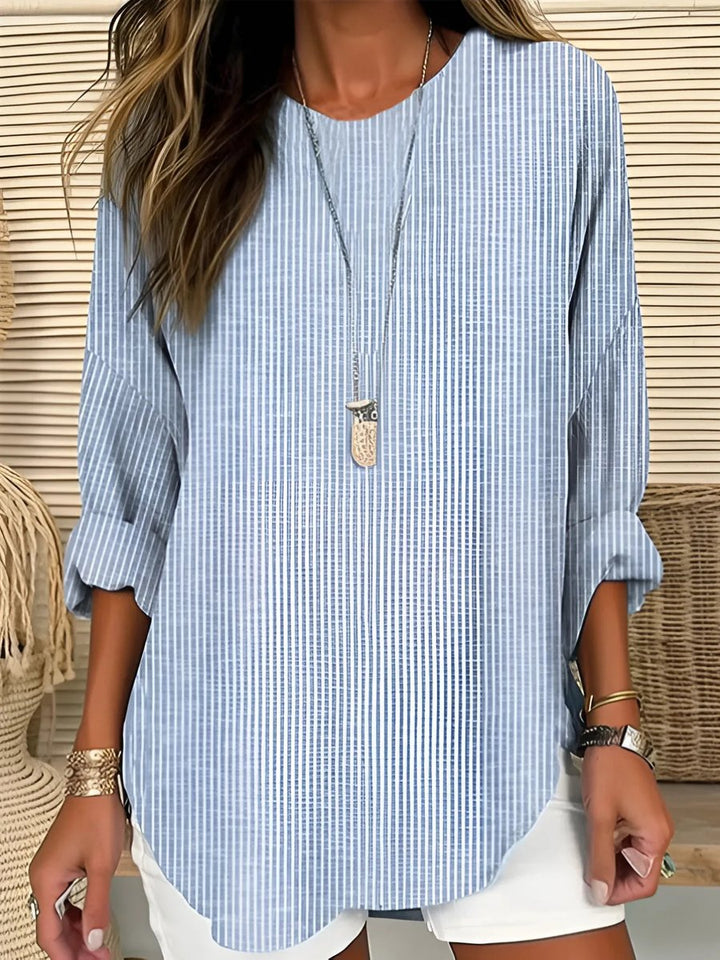 Damen Gestreifte Langarm-Bluse mit Rundhalsausschnitt Casual - Blue