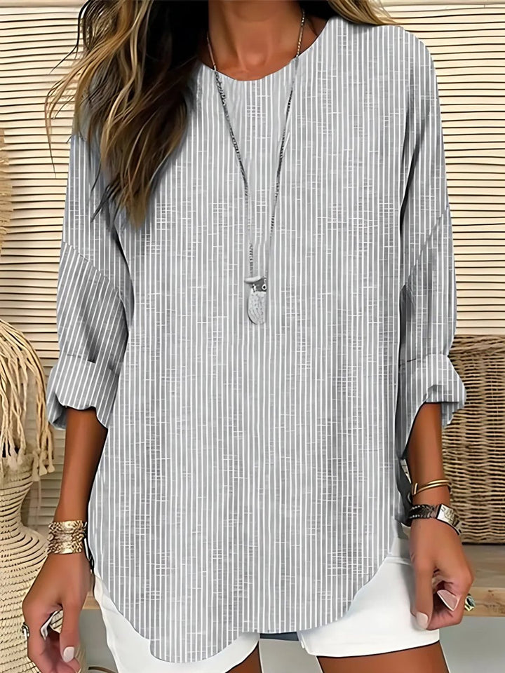 Damen Gestreifte Langarm-Bluse mit Rundhalsausschnitt Casual - Grey