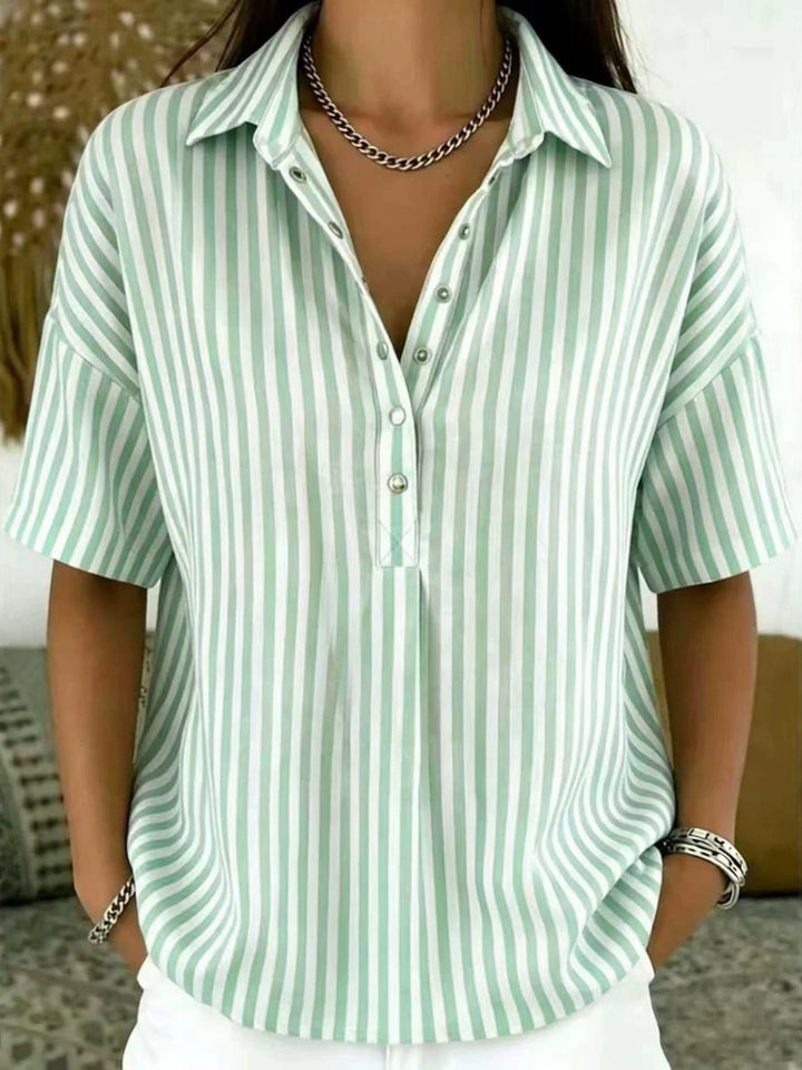 Damen Gestreifte Relaxed-Fit Kurzarm-Bluse mit Polokragen - Light Green
