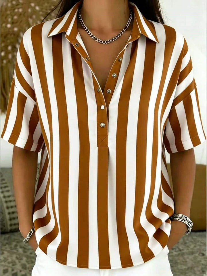 Damen Gestreifte Relaxed-Fit Kurzarm-Bluse mit Polokragen - Brown