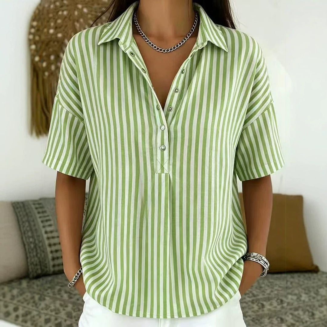 Damen Gestreifte Relaxed-Fit Kurzarm-Bluse mit Polokragen - Dark Green