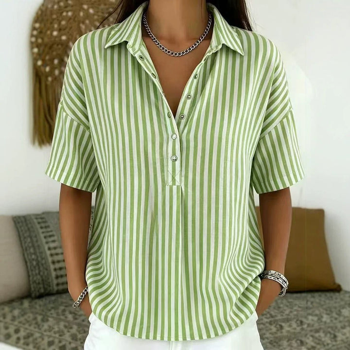Damen Gestreifte Relaxed-Fit Kurzarm-Bluse mit Polokragen - Dark Green