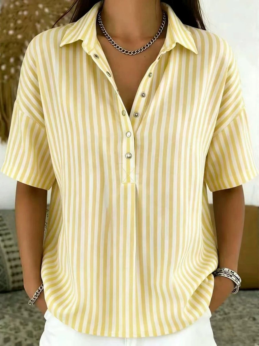 Damen Gestreifte Relaxed-Fit Kurzarm-Bluse mit Polokragen - Yellow