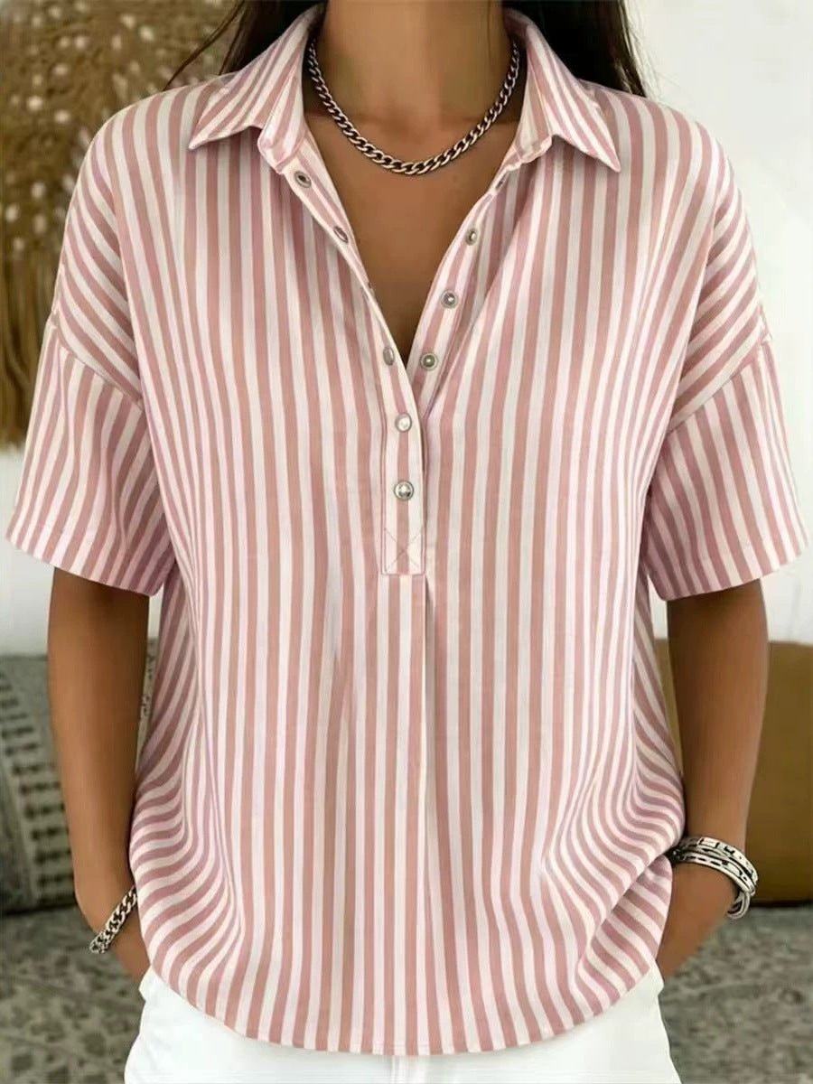 Damen Gestreifte Relaxed-Fit Kurzarm-Bluse mit Polokragen - Pink