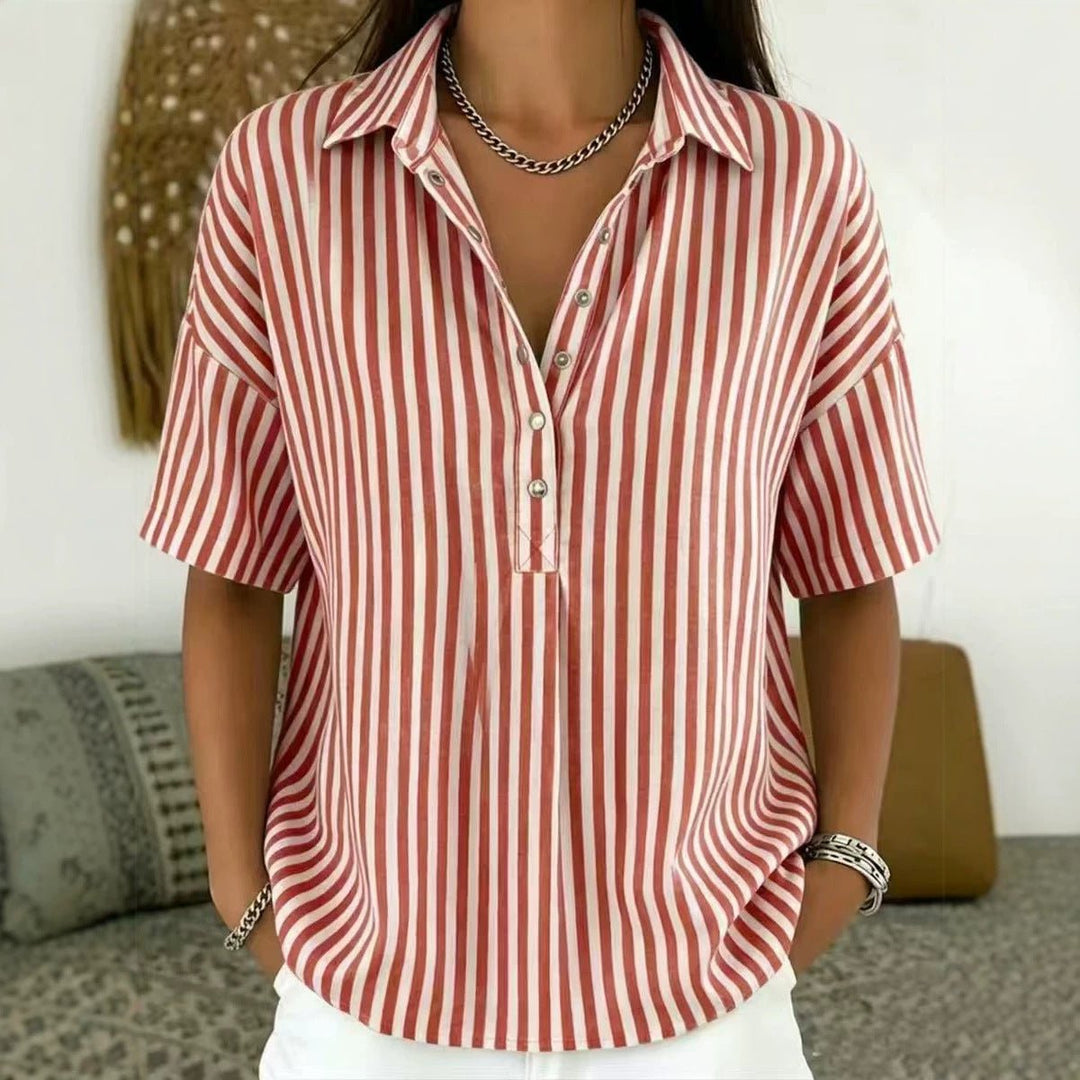 Damen Gestreifte Relaxed-Fit Kurzarm-Bluse mit Polokragen - Red