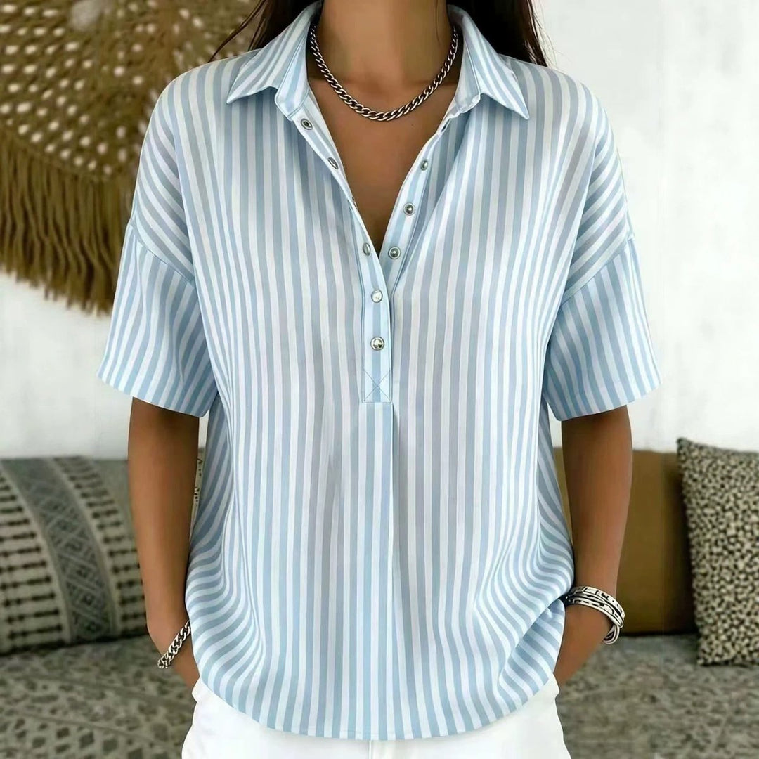 Damen Gestreifte Relaxed-Fit Kurzarm-Bluse mit Polokragen - Blue