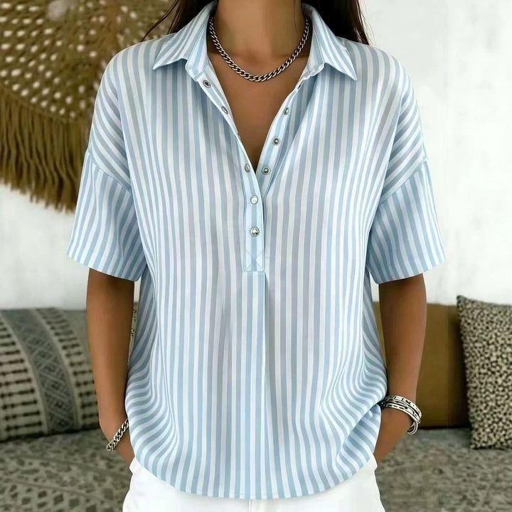 Damen Gestreifte Relaxed-Fit Kurzarm-Bluse mit Polokragen - Blue