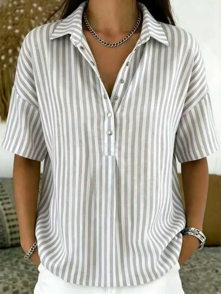 Damen Gestreifte Relaxed-Fit Kurzarm-Bluse mit Polokragen - Grey
