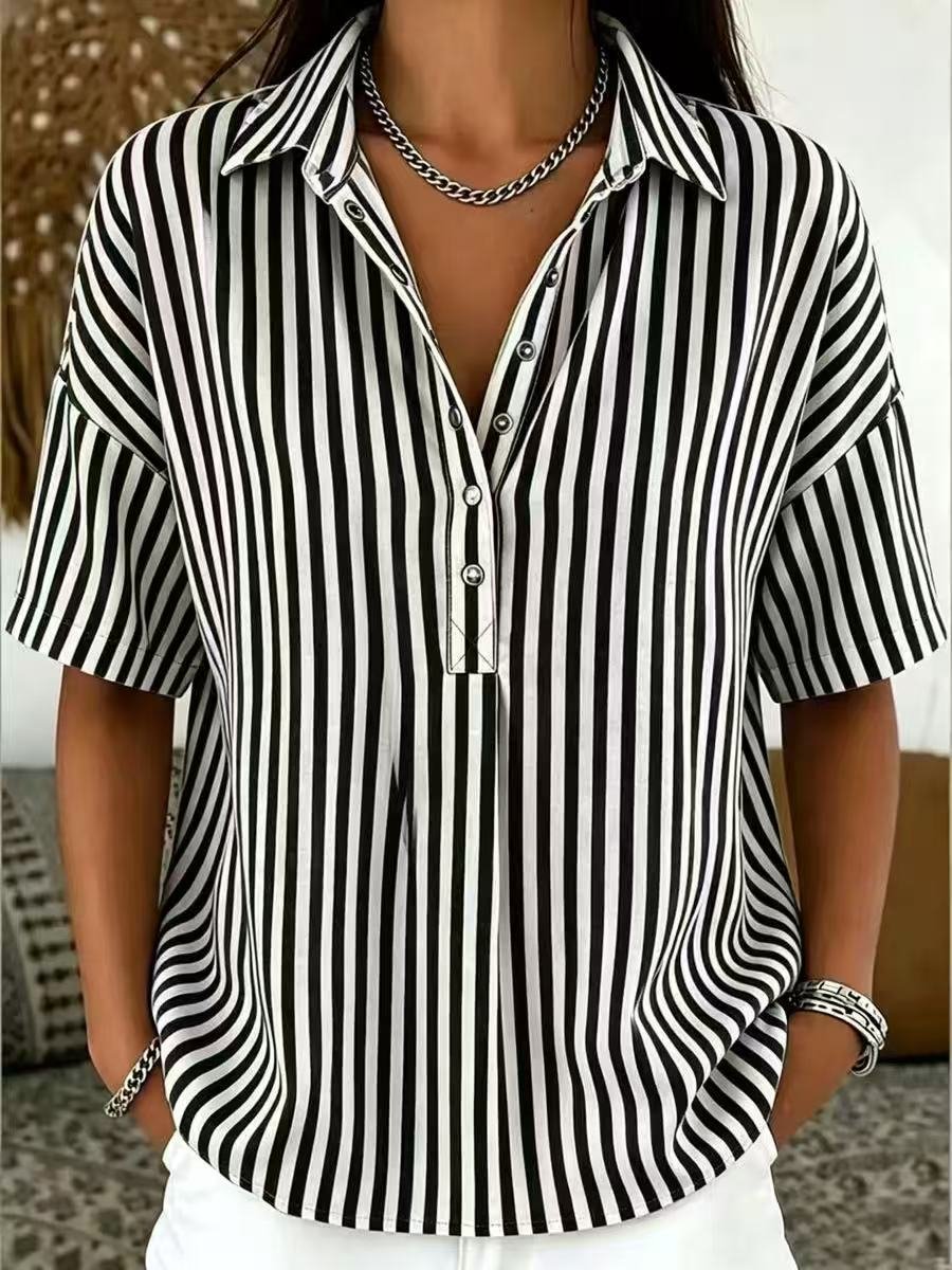 Damen Gestreifte Relaxed-Fit Kurzarm-Bluse mit Polokragen - Black