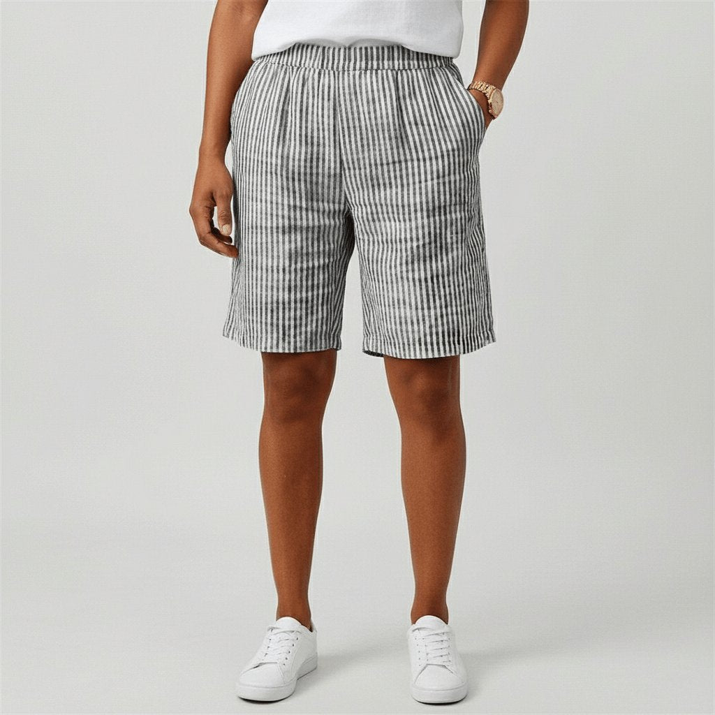 Damen Gestreifte Relaxed-Fit Shorts Elastischer Bund Sommer - Monochrome Grey