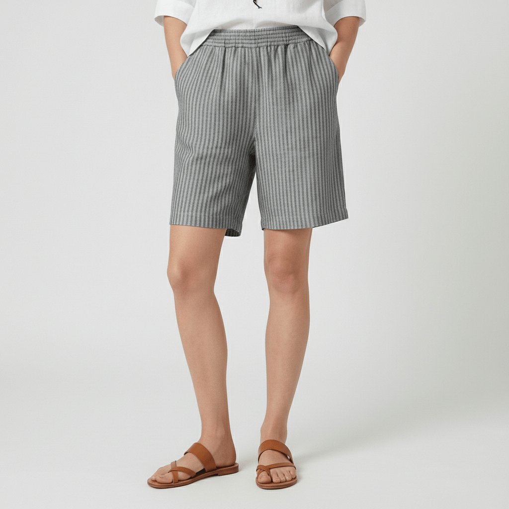 Damen Gestreifte Relaxed-Fit Shorts Elastischer Bund Sommer - Stone Grey