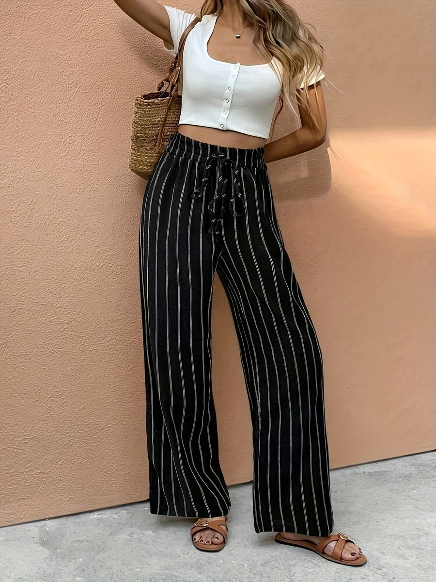 Damen Gestreifte Wide Leg Pants Leinenhose Elastischer Kordelzugbund - Black
