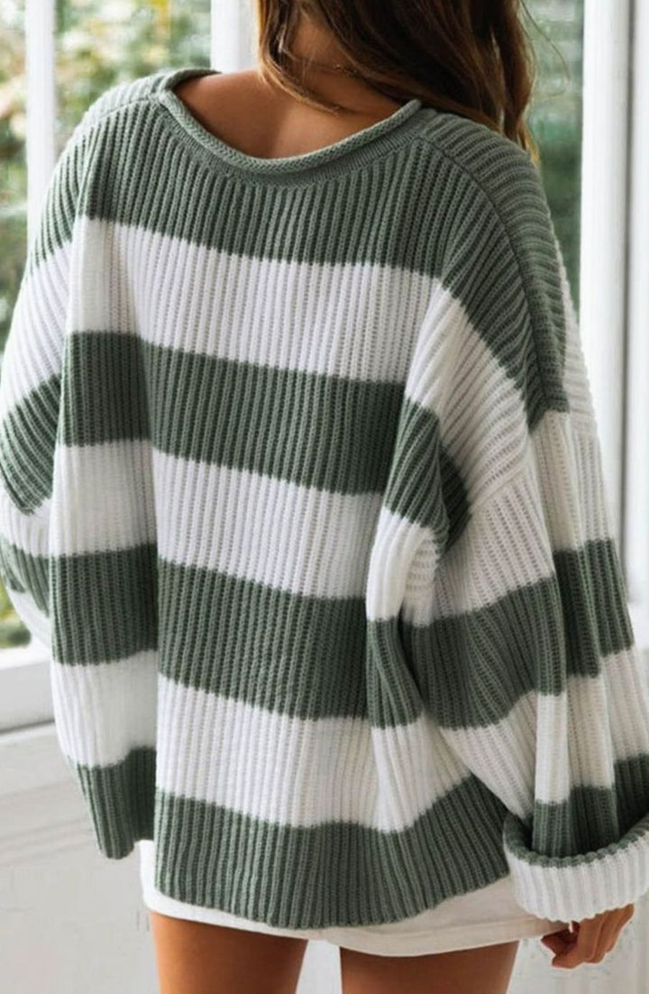 Damen Gestreifter Oversized Strickpullover Rundhalsausschnitt Langarm