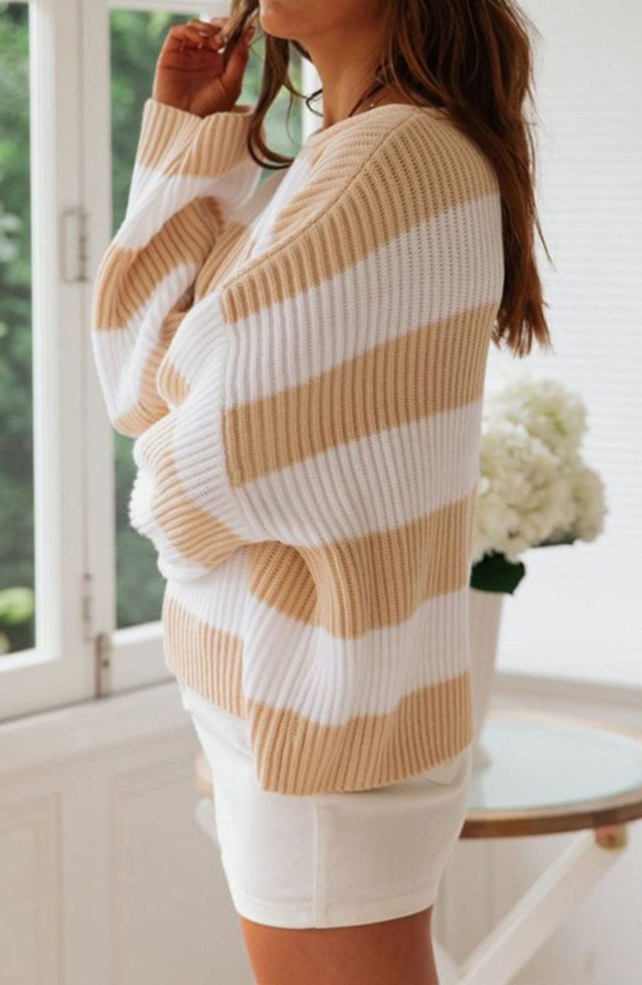 Damen Gestreifter Oversized Strickpullover Rundhalsausschnitt Langarm