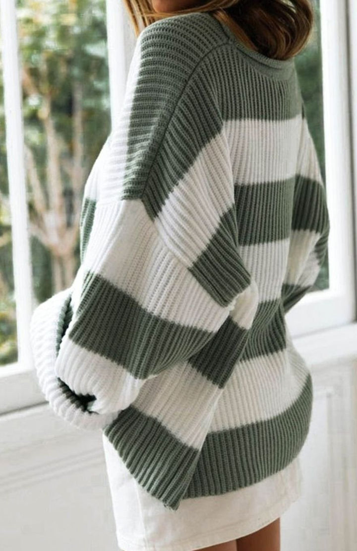 Damen Gestreifter Oversized Strickpullover Rundhalsausschnitt Langarm