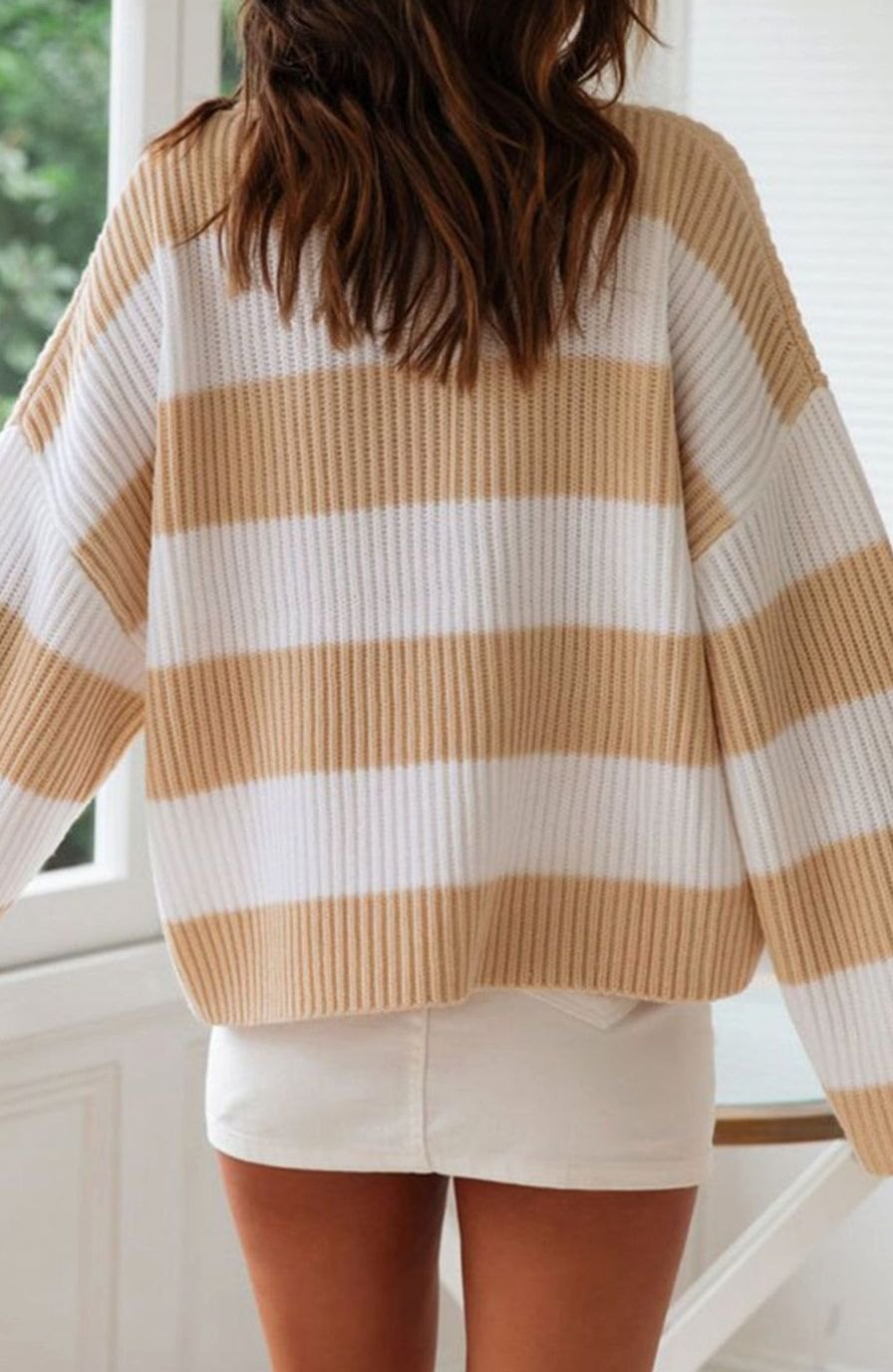 Damen Gestreifter Oversized Strickpullover Rundhalsausschnitt Langarm