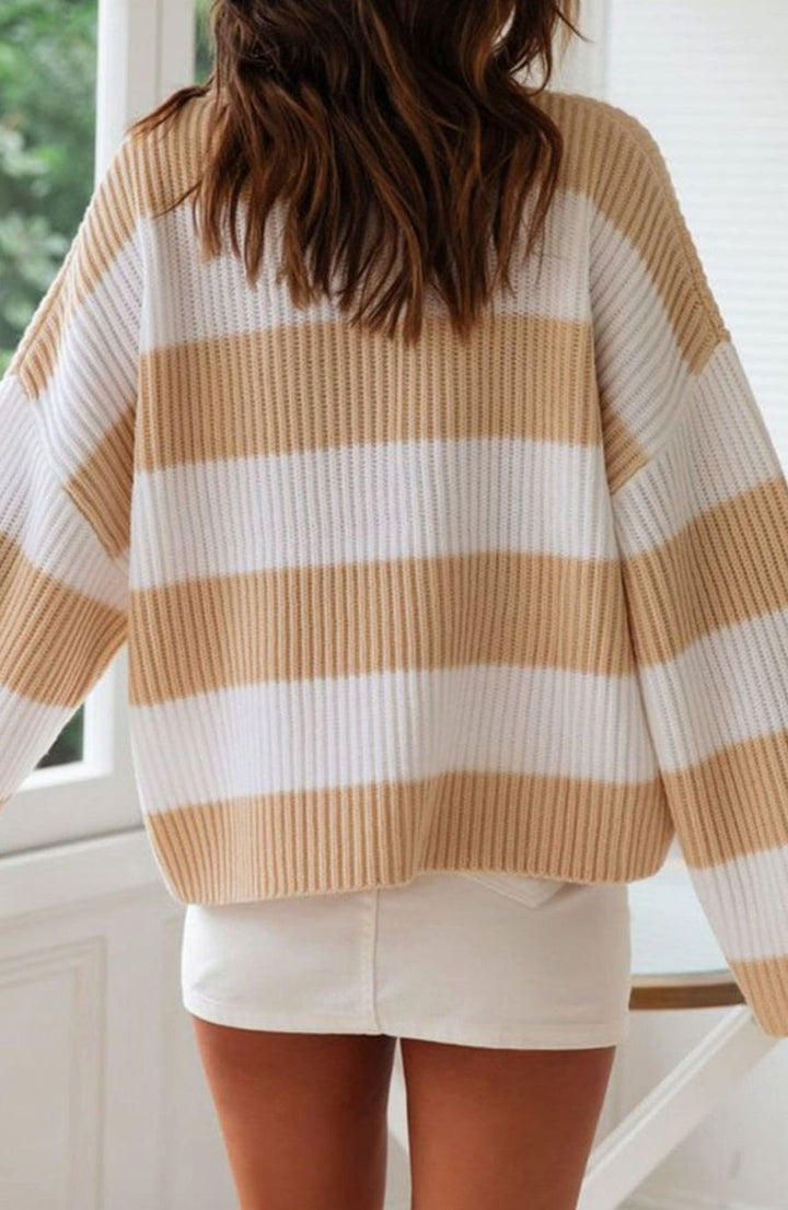 Damen Gestreifter Oversized Strickpullover Rundhalsausschnitt Langarm