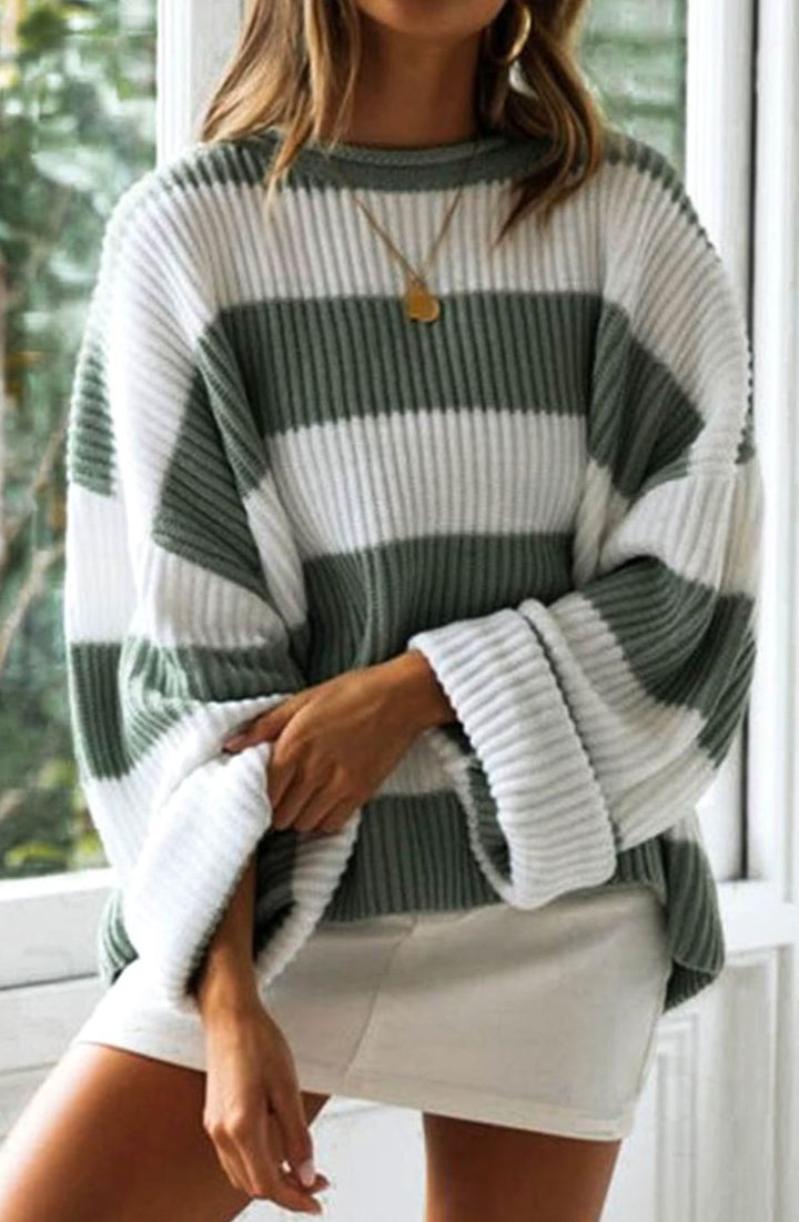 Damen Gestreifter Oversized Strickpullover Rundhalsausschnitt Langarm