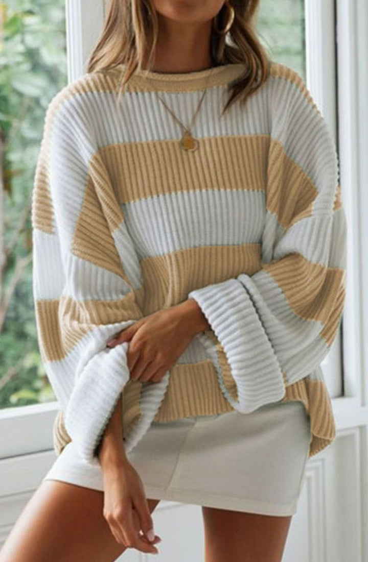 Damen Gestreifter Oversized Strickpullover Rundhalsausschnitt Langarm - Khaki