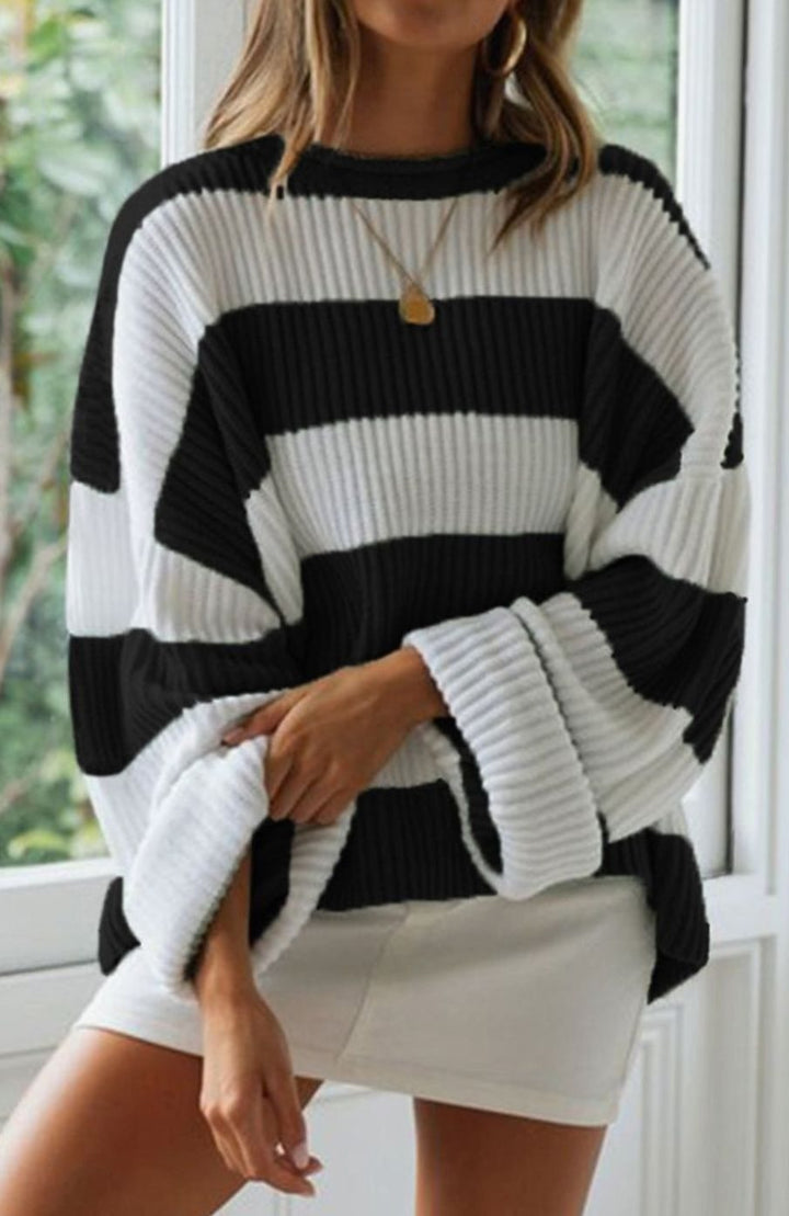 Damen Gestreifter Oversized Strickpullover Rundhalsausschnitt Langarm - Schwarz
