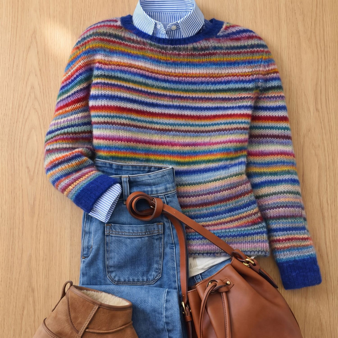 Damen Gestreifter Rundhals-Strickpullover Mehrfarbig - Regenbogenstreifen