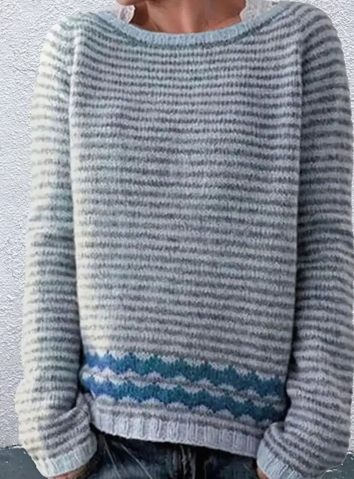 Damen Gestreifter Rundhals Strickpullover mit Wellenmuster - Blau