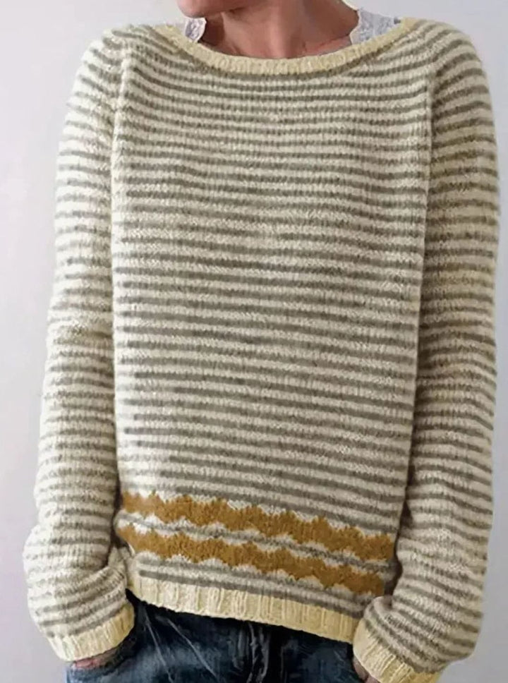 Damen Gestreifter Rundhals Strickpullover mit Wellenmuster - Gelb