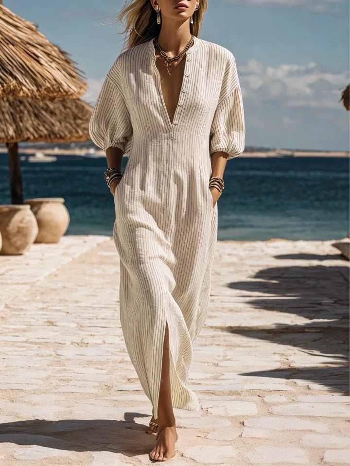 Damen Gestreiftes Knopfleisten Dreiviertelarm Midi-Kleid - White