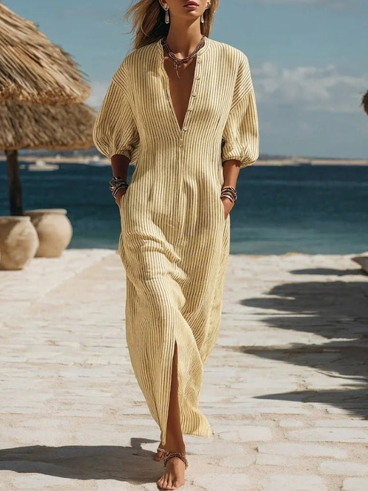 Damen Gestreiftes Knopfleisten Dreiviertelarm Midi-Kleid - Yellow