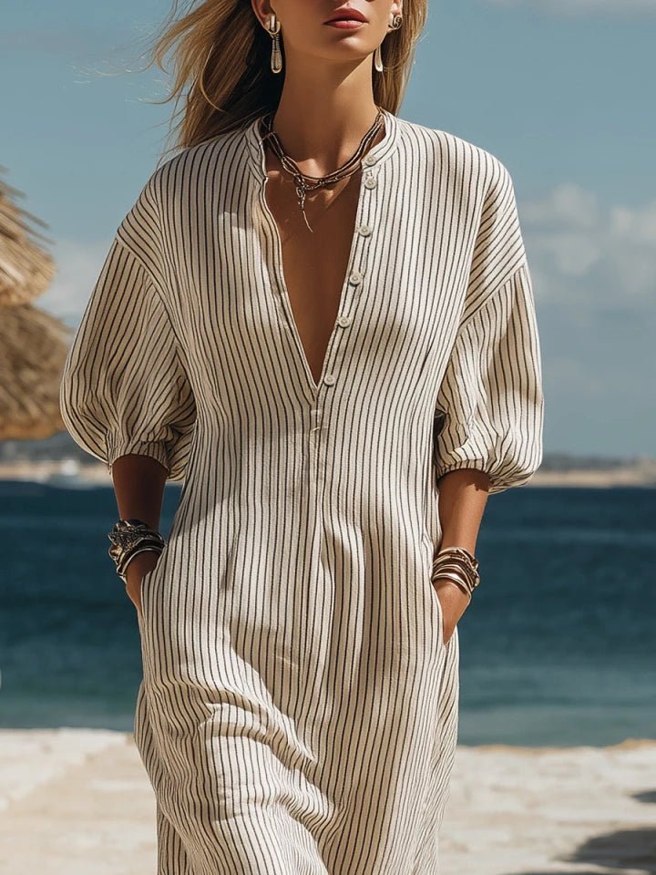 Damen Gestreiftes Knopfleisten Dreiviertelarm Midi-Kleid