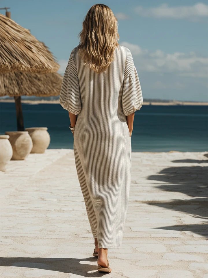 Damen Gestreiftes Knopfleisten Dreiviertelarm Midi-Kleid